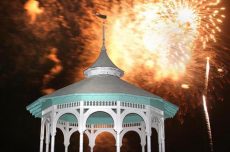 Fireworks over the bandstand gazebo in Oak Bluffs